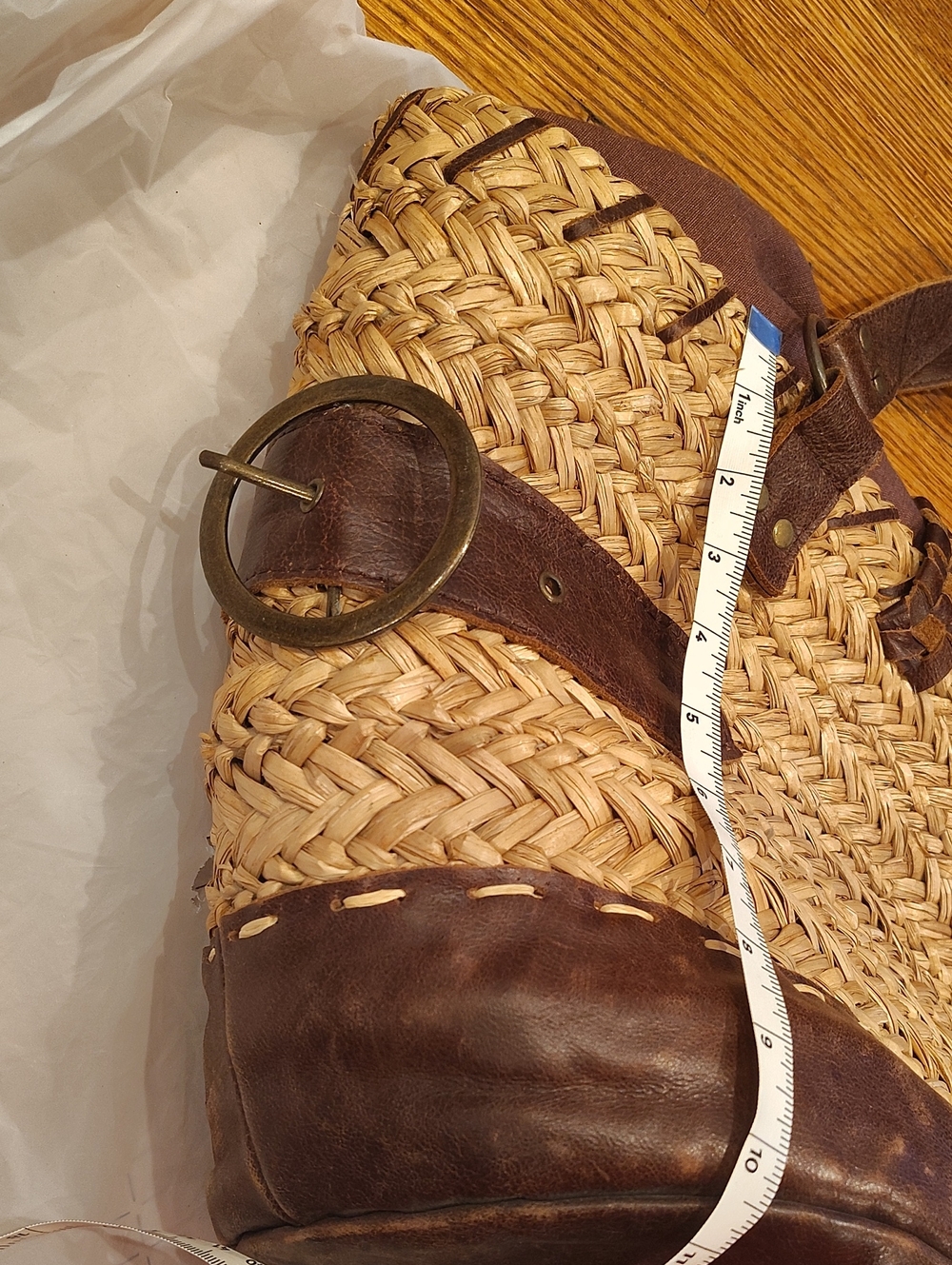 Bella Luna Boho Straw Basket Handbag Brown Leather Accent Vintage - Picture 7 of 16